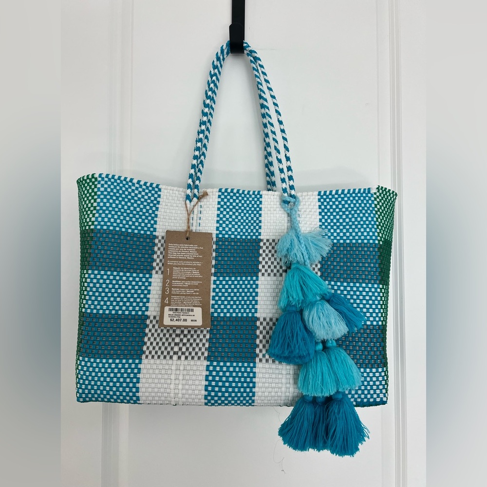 Woven Blue Green Beach Tote Bag Large Market Travel Tote